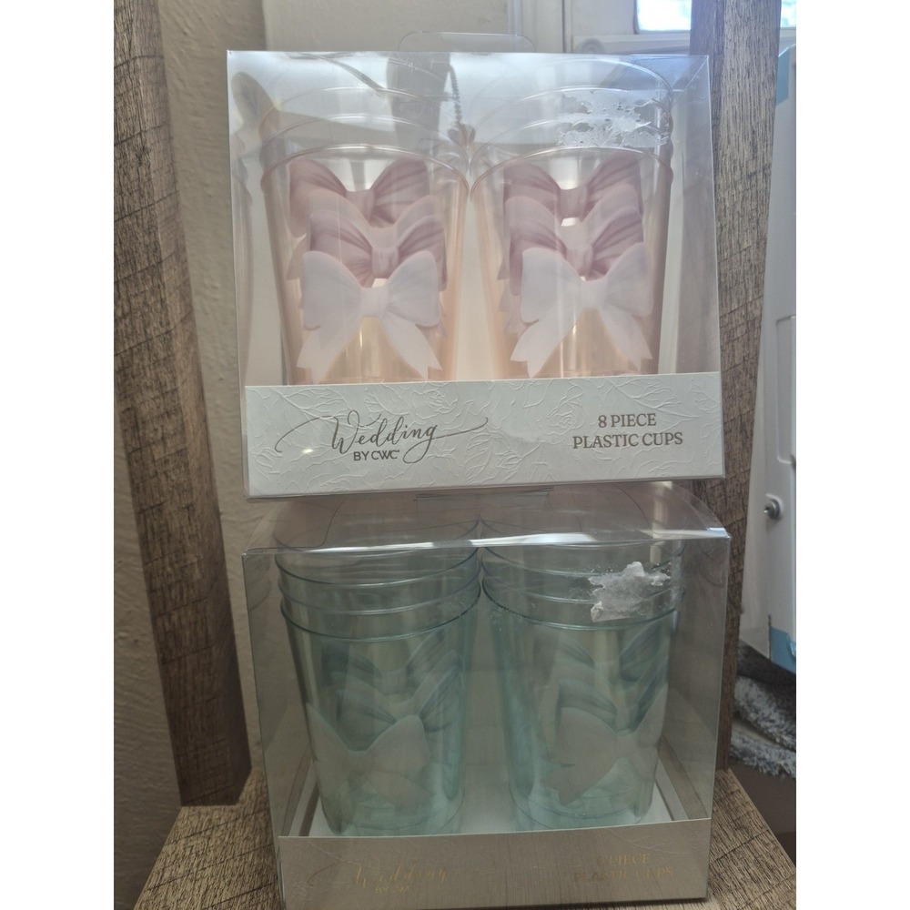 WEDDING BY CWC 16 Plastic Cups NEW Pink Blue Bow Bridal Baby Shower Party S6